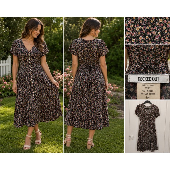 Decked Out Dresses & Skirts - Vintage Decked Out Floral Midi Dress 3/4 Pearl Buttons Lace-Up Back 90s